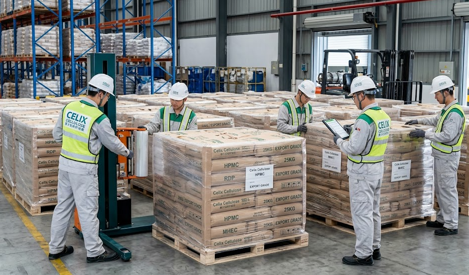 Celix Cellulose logistics team performing final quality inspections on palletized HPMC for global export.