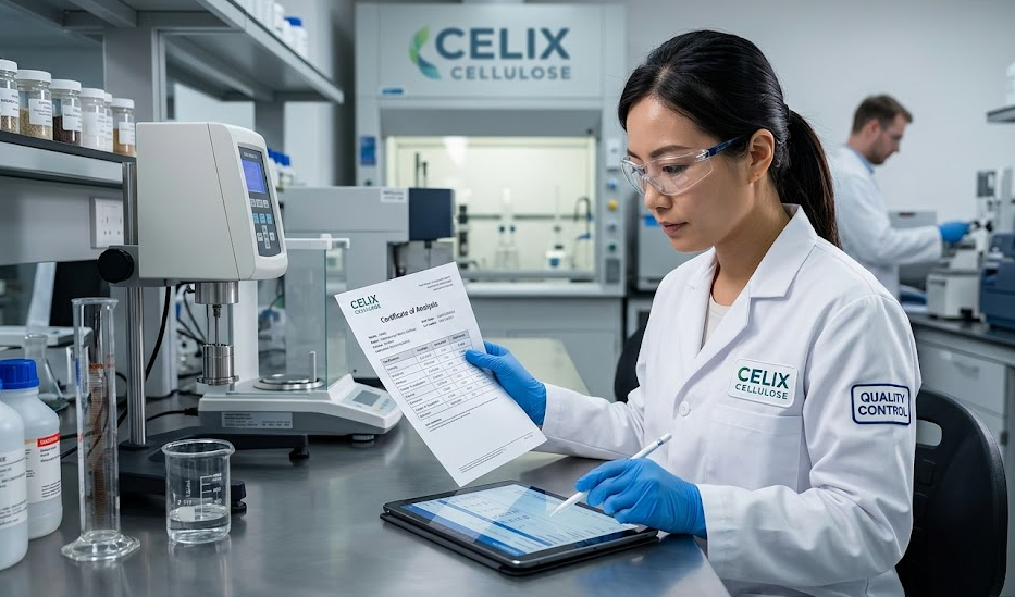 Technical expert at Celix Cellulose verifying batch data on a Certificate of Analysis (COA) for HPMC export.