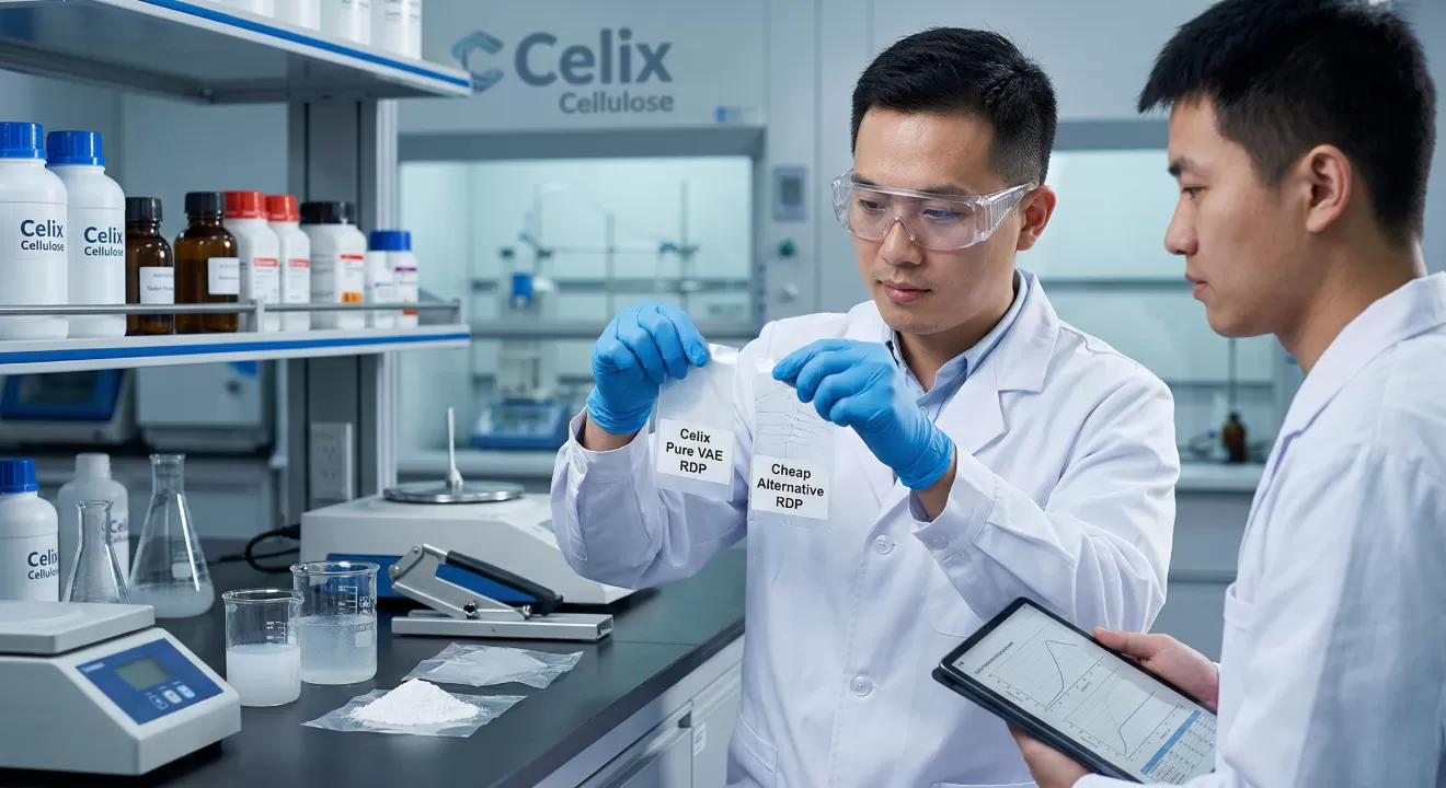 Chinese technician at Celix Cellulose performing a flexibility test to compare high-purity VAE RDP with low-grade alternatives. Chinese technician at Celix Cellulose performing a flexibility test to compare high-purity VAE RDP with low-grade alternatives.