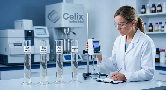 Celix Industrial laboratory performing flow and stability tests for self-leveling mortar additives